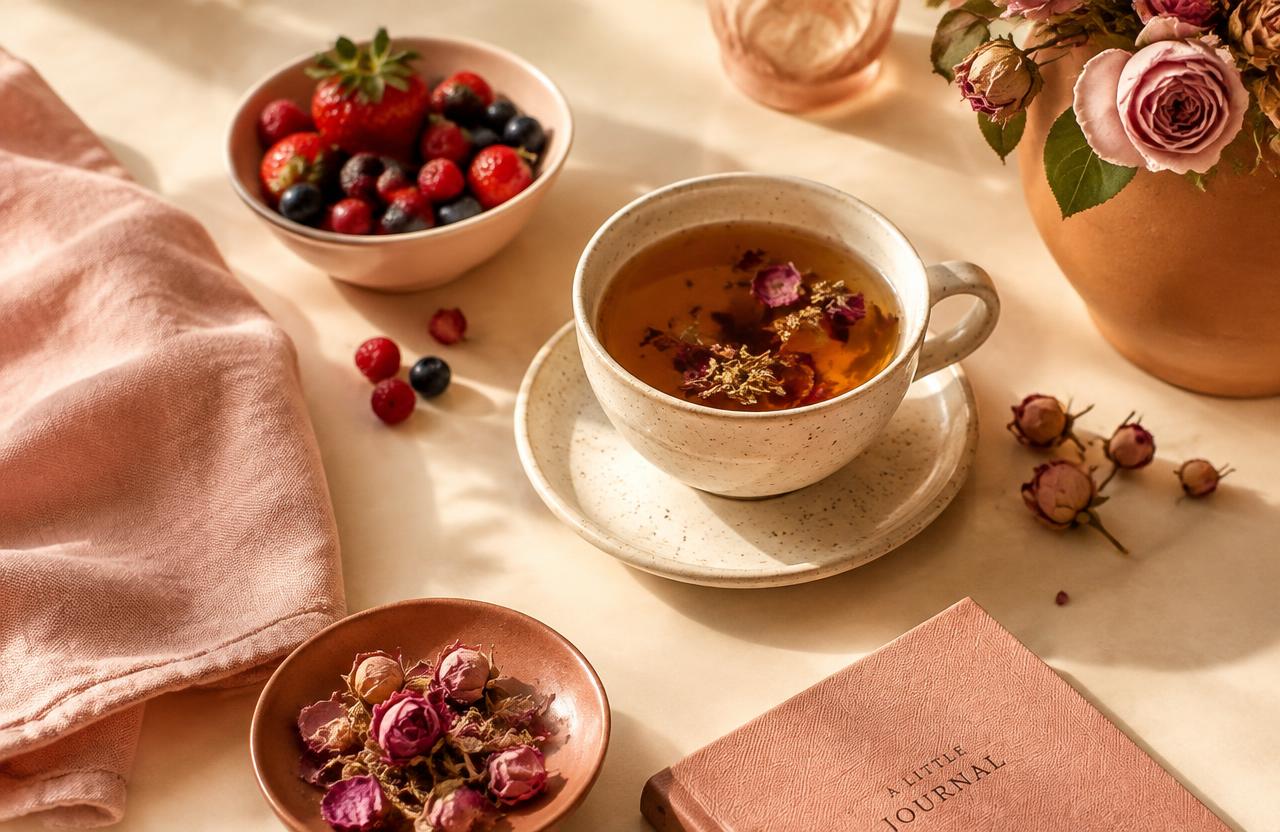 Tasse d'infusion, fruits rouges et roses sur une table ensoleillée