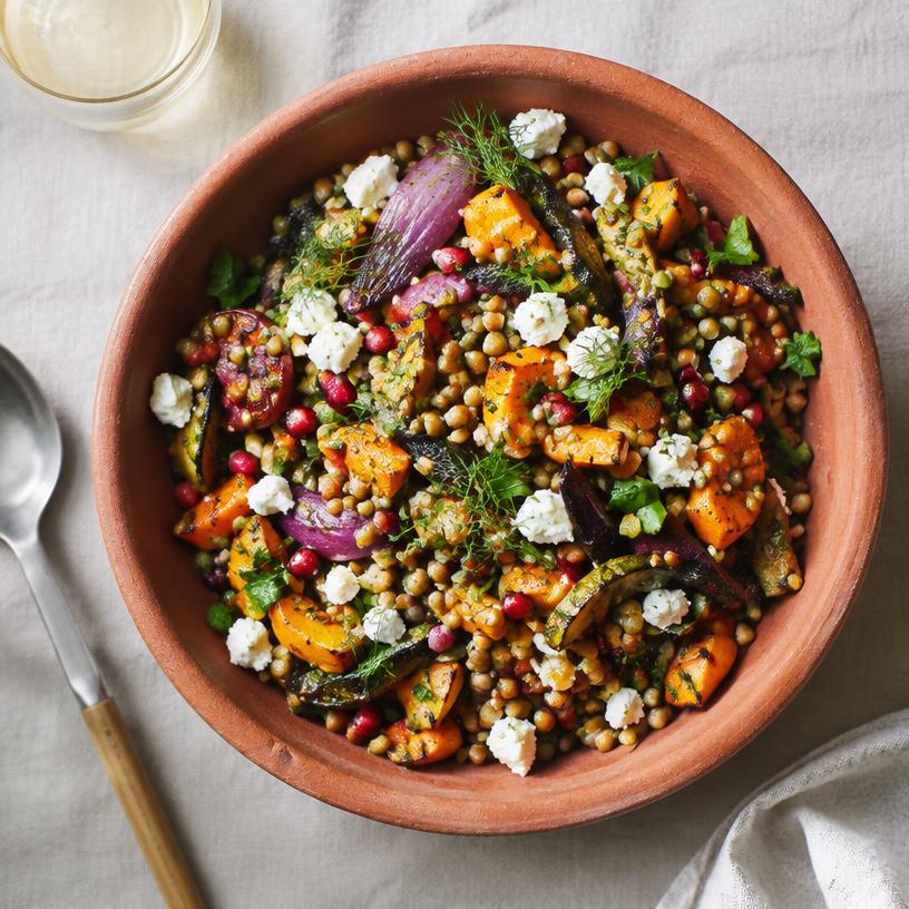 Salade de lentilles, légumes rôtis et feta